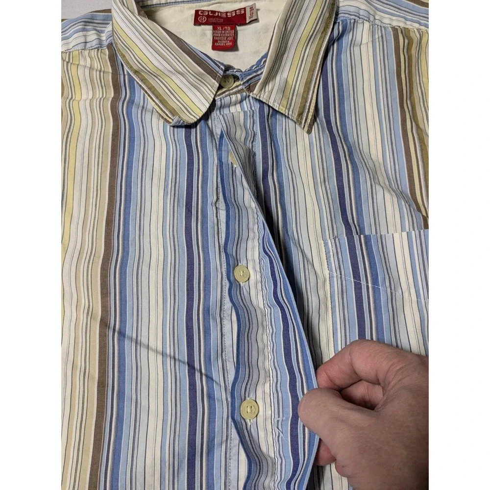 GUESS Covered-Placket Men XL‎ Blue Brown Yellow Striped Cotton Button Shirt